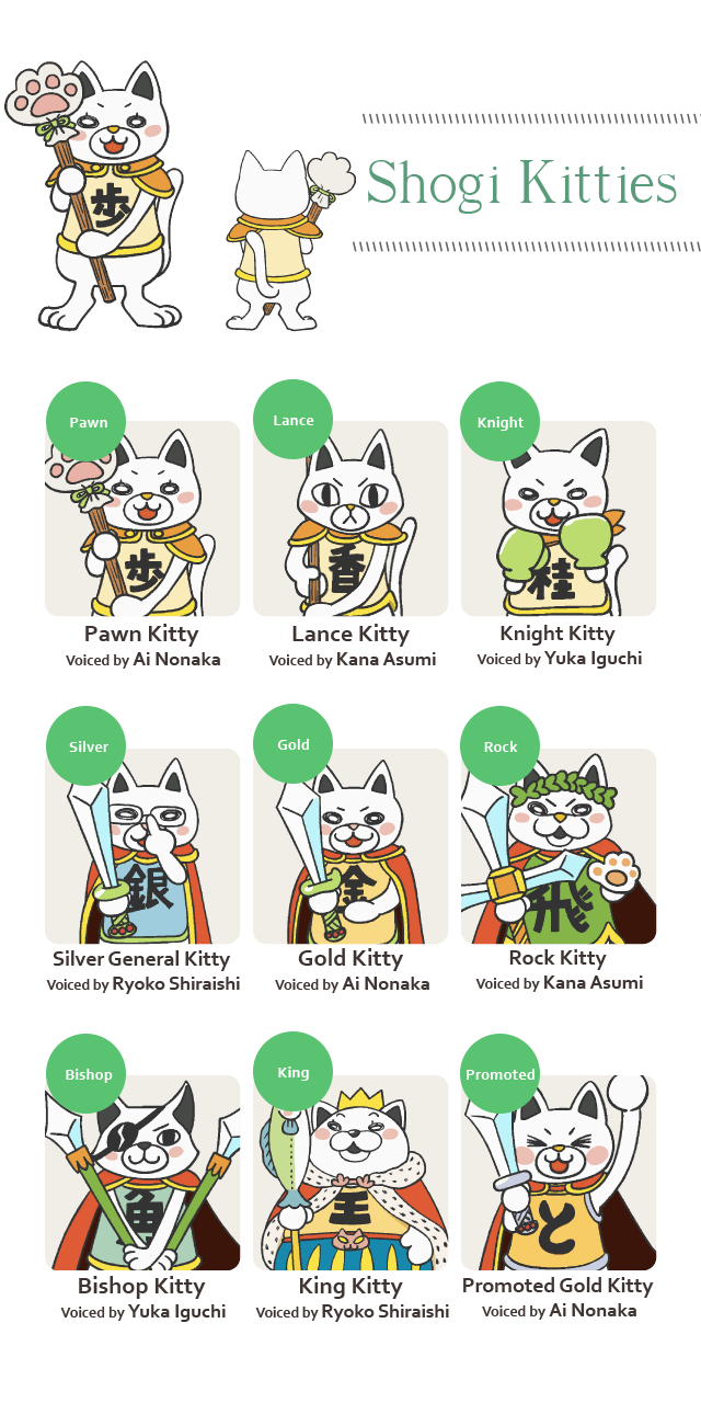 hogi Kitties Bishop Kitty, voiced by Yuka Iguchi Lannce Kitty, voiced by Asumi Kana, Silver General Kitty, voiced by Ryoko Shiraishi King Kitty, voiced by Ryoko Shiraishi Pawn Kitty, voiced by Ai nonaka Gold General, voiced by Ai Nonaka Knight Kitty, voiced by Yuka Iguchi Rock Kitty, vioced by Kana Asumi Promoted Gold Kitty, voiced by Ai Nonaka